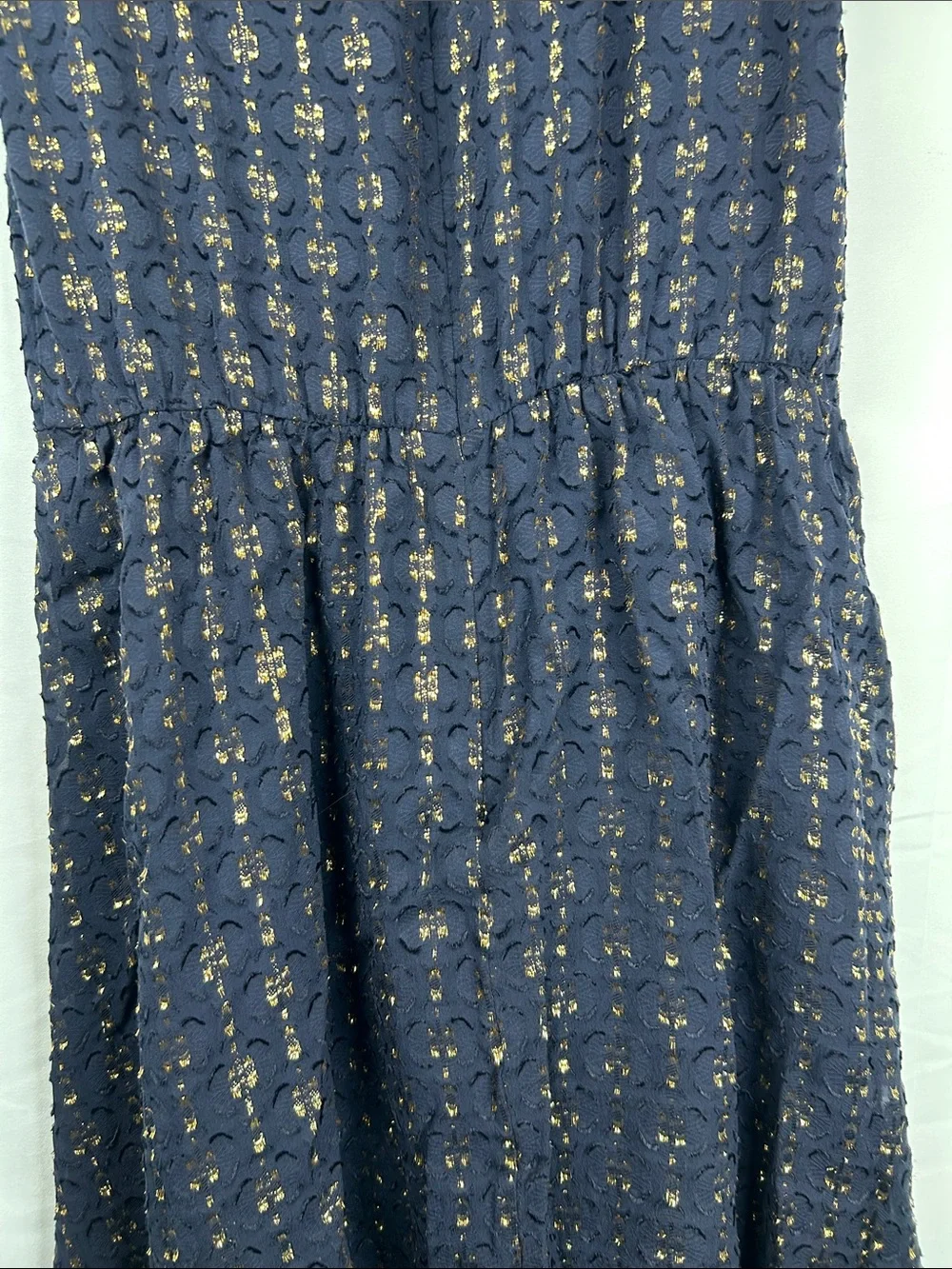 J Crew Silk Blend Textured Dress Size 2 Navy Blue Gold Chiffon Tiered Sleeveless